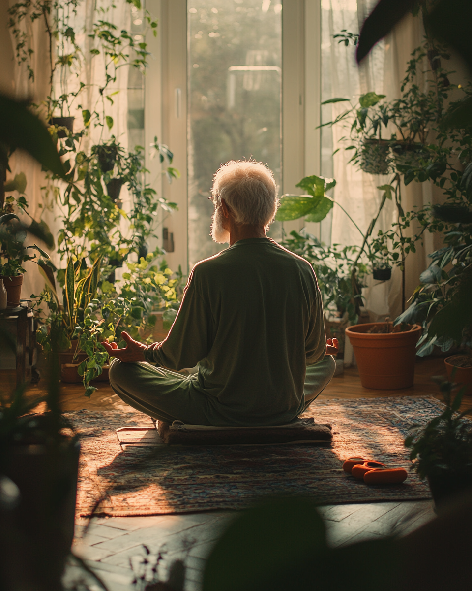 Група людей 65+ років займається йогою в спокійній атмосфері